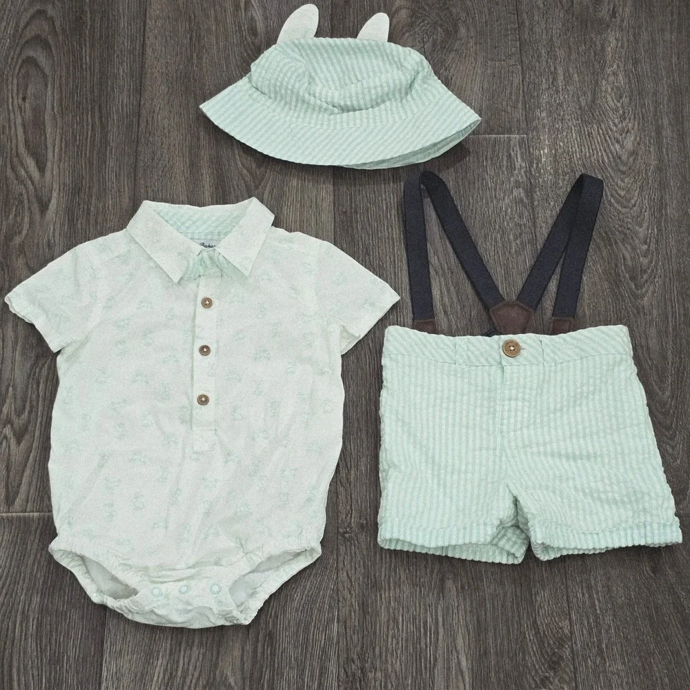 Tommy Bahama Baby Boy 12M‎ Seersucker Shorts Suspenders Hat Bunny Shirt Set 3pc